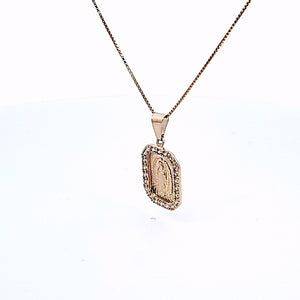 14K Solid Real Yellow Gold Square CZ Mother Mary Pendant Charm with Box Chain