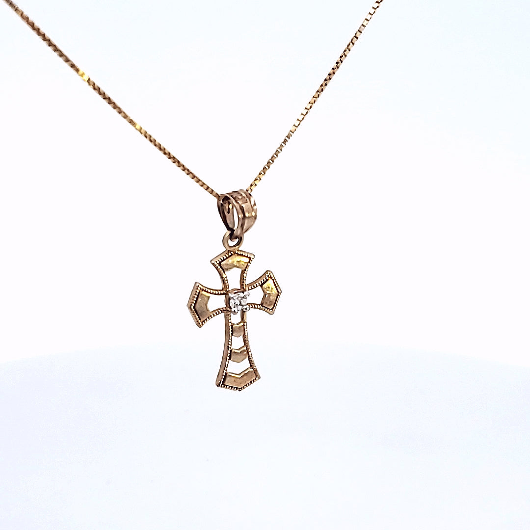 10K Solid Yellow Gold CZ Cross Charm with Box Chain