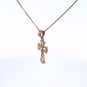 10K Solid Real Yellow Gold Cz Jesus Cross Pendant Charm with Box Chain