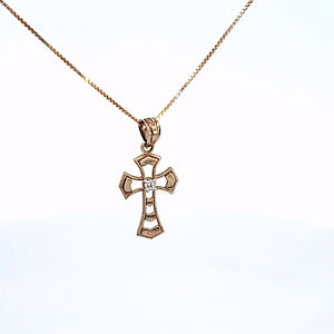 10K Solid Real Yellow Gold Cz Jesus Cross Pendant Charm with Box Chain