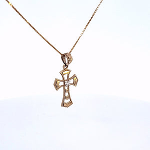 10K Solid Real Yellow Gold Cz Jesus Cross Pendant Charm with Box Chain