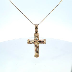 10K Solid Real Tri Color Gold Cross Pendant Charm with Box Chain