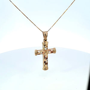 10K Solid Real Tri Color Gold Cross Pendant Charm with Box Chain