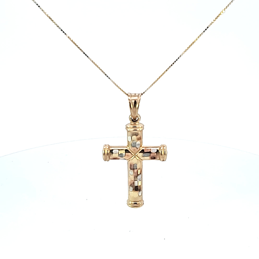 10K Solid Real Tri Color Gold Cross Pendant Charm with Box Chain