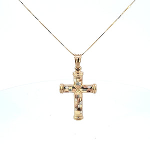 10K Solid Real Tri Color Gold Cross Pendant Charm with Box Chain