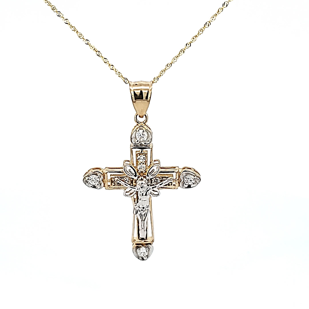 10K Solid Real Gold Jesus Cross CZ Charm with Singapore Chain