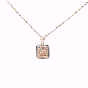 10K Solid Yellow Gold Mother Mary Cz Pendant Charm with Singapore Chain