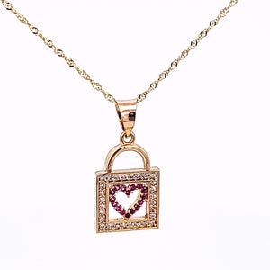 10K Solid Yellow Gold Cz Heart Lock Pendant Charm with Singapore Chain