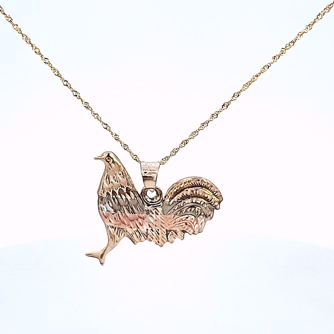 10K Solid Tri Color Gold Hen Pendant Charm with Box Chain