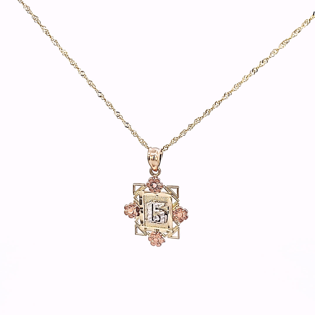 14K Solid Tri Color Gold 15 Frame with Flowers Charm with Singapore Chain