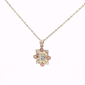 14K Solid Tri Color Rose, White & Yellow Gold 15 in Frame with Flowers Pendant Charm with Singapore Chain