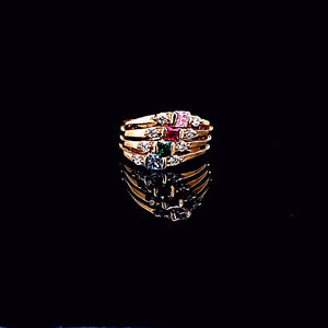 14K Solid Yellow Gold Step Cz Ring with Colors