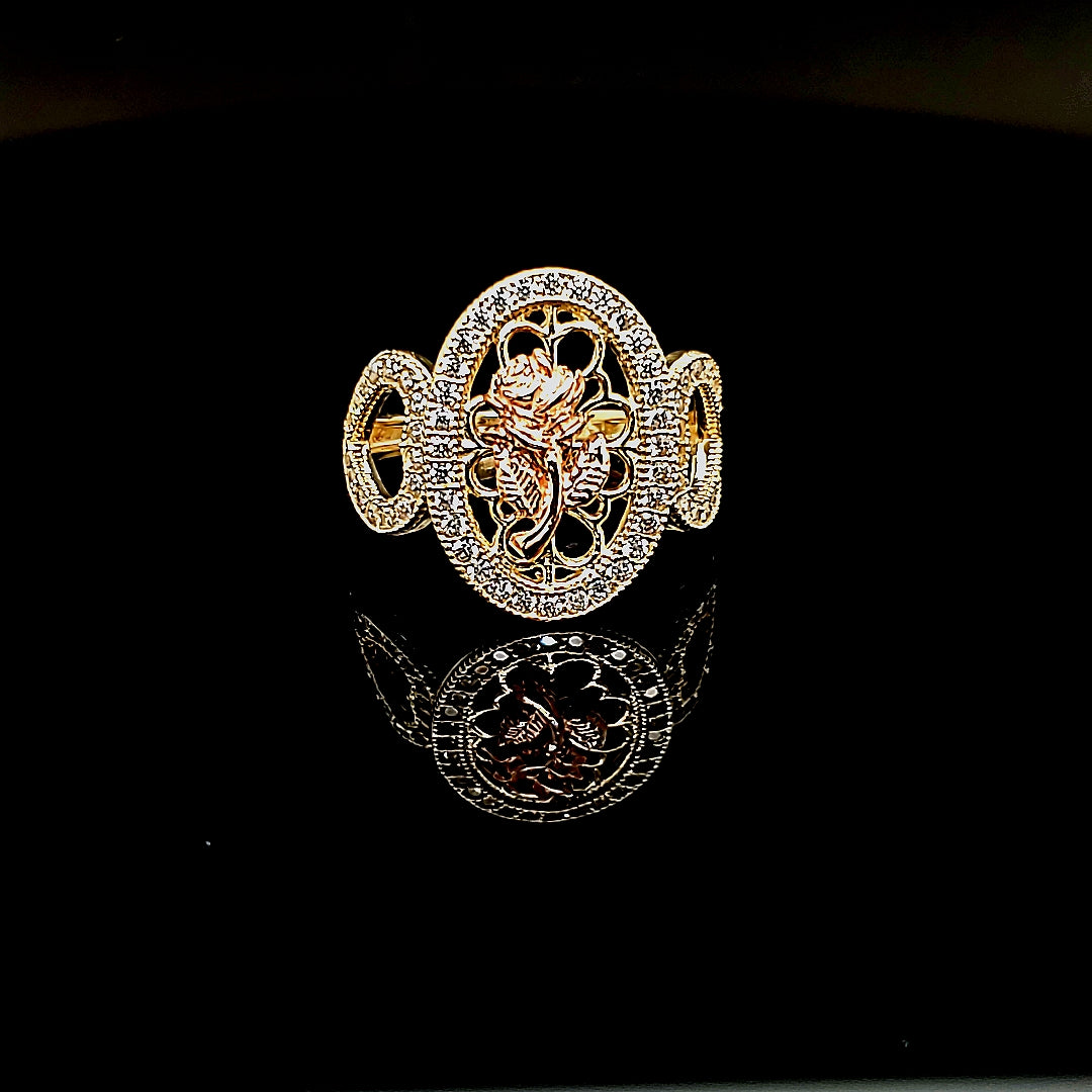 10K Solid Yellow & Rose Gold Cz Flower and Heart Ring For Women