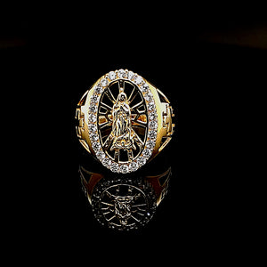 10K Solid Yellow Gold Cz Mother Mary Ring For Men