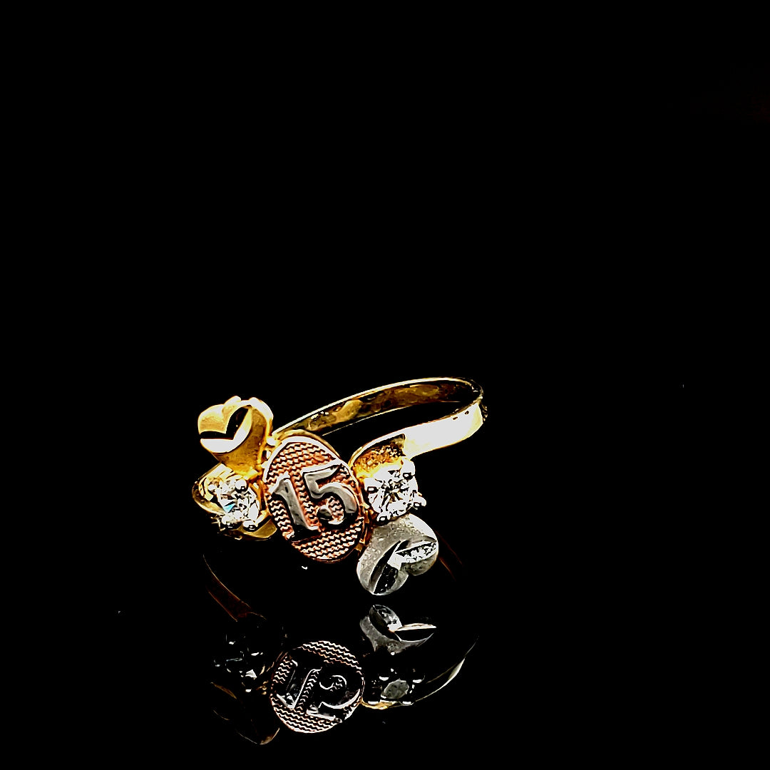 10K Solid Tri Color Yellow, Rose and White Gold 15 Cz Ring For Women