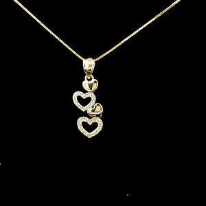 10K Solid Real Yellow Gold Cz 4 Heart Pendant Charm with Box Chain
