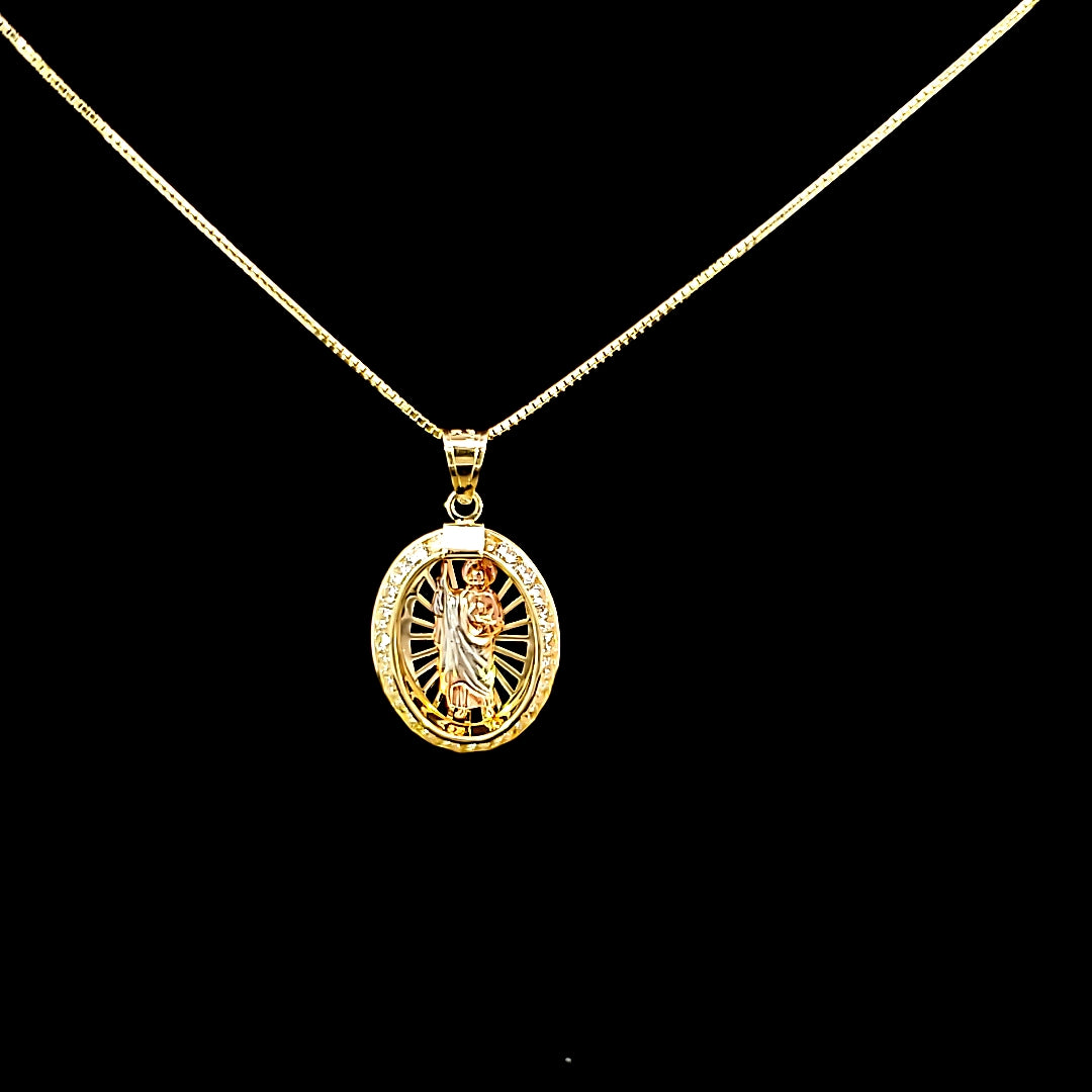 10K Solid Yellow Gold Saint Jude CZ Charm with Box Chain