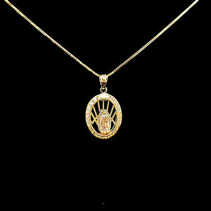 10K Solid Real Yellow Gold Cz Mother Mary Pendant Charm with Box Chain