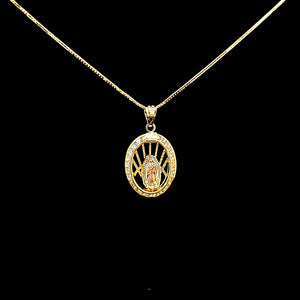 10K Solid Real Yellow Gold Cz Mother Mary Pendant Charm with Box Chain