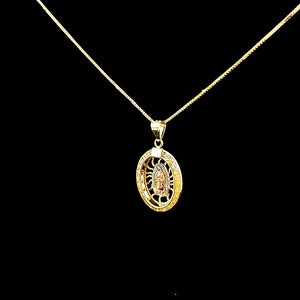 10K Solid Real Yellow Gold Cz Mother Mary Pendant Charm with Box Chain