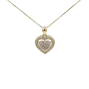 10K Solid Yellow Gold Cz Heart Pendant Charm with Box Chain