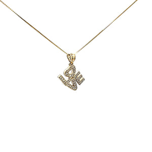 10K Solid Yellow Gold Cz Love Pendant Charm with Box Chain