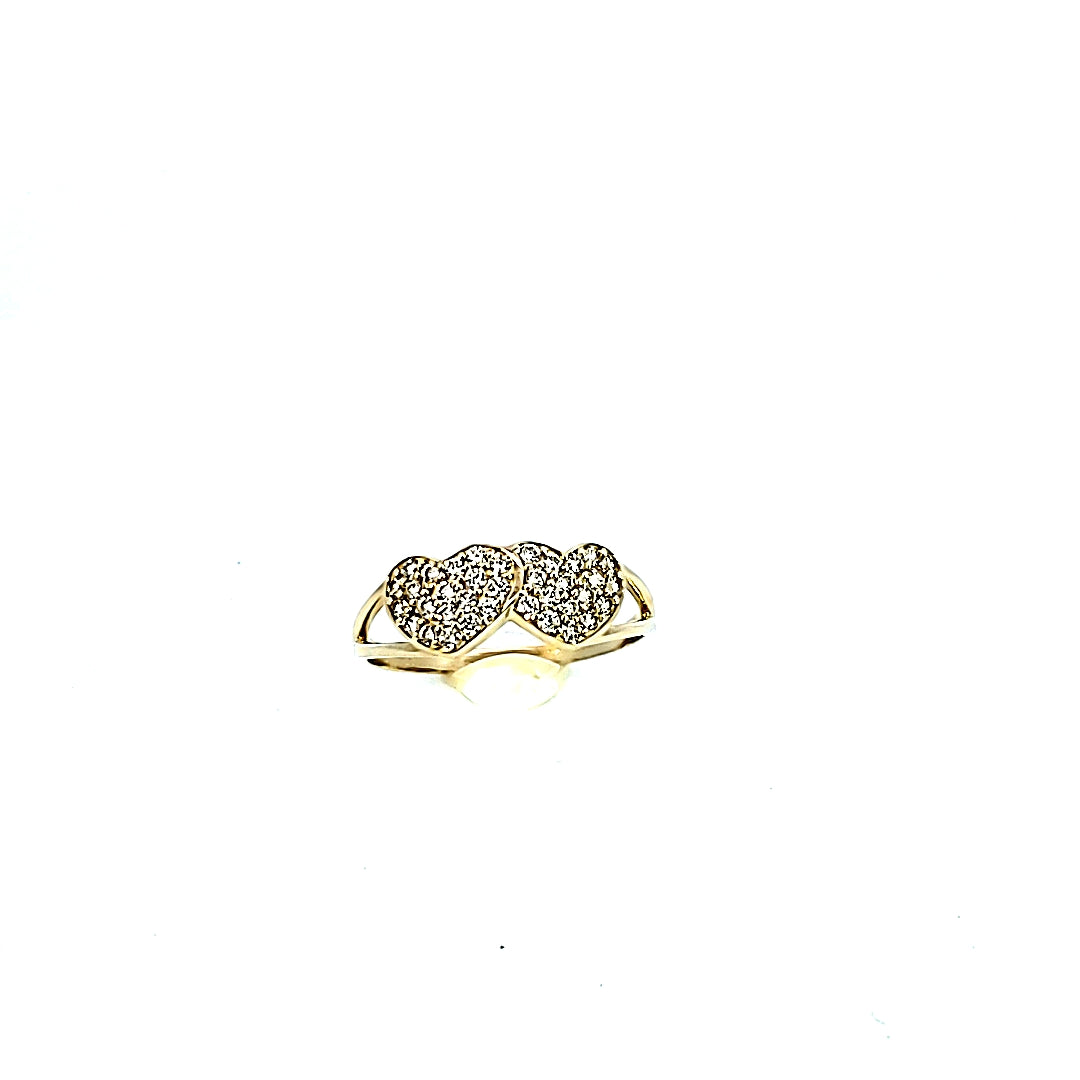 Real 10K Solid Yellow Gold Cz 2 Heart Ring
