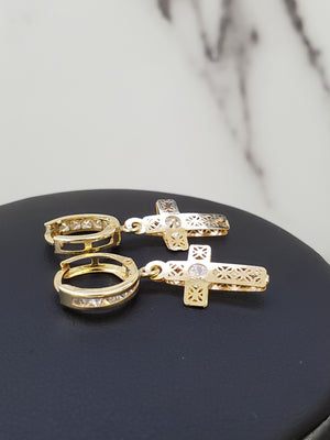 10K Solid Yellow Gold Cross Cz Earrings for Girls womens