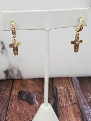10K Solid Yellow Gold Cross Cz Earrings for Girls womens