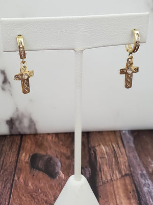 10K Solid Yellow Gold Cross Cz Earrings for Girls womens
