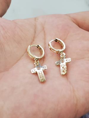 10K Solid Yellow Gold Cross Cz Earrings for Girls womens