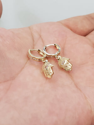 10K Solid Yellow Gold Hamsa Cz Earrings for Girls womens