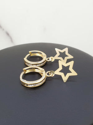 10K Solid Yellow Gold Star Cz Hoop Earrings for Girls womens