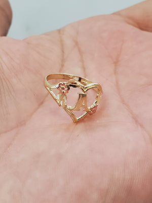 10K Solid Yellow Gold Heart Initial Ring For Women