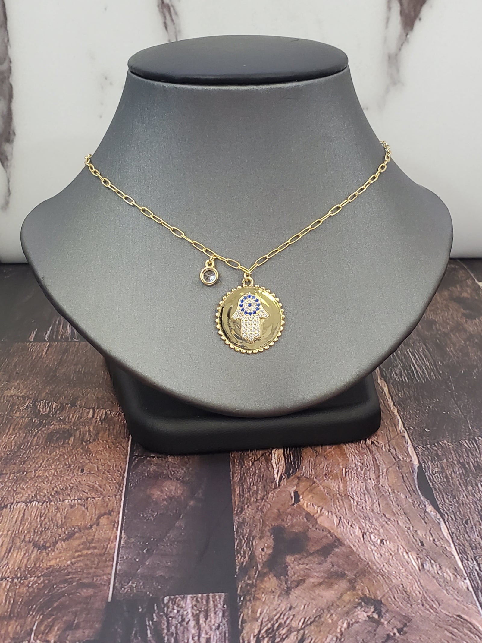 925 Sterling Silver Gold Plated  Hamsa Sapphire CZ on Round Disc with RD Bezel Cz Necklace
