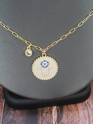 925 Sterling Silver Gold Hamsa sapphire CZ on Round Disc with RD Bezel Cz Necklace 18"