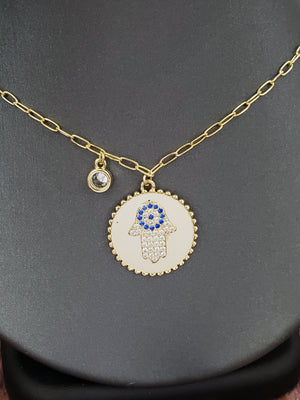 925 Sterling Silver Gold Hamsa sapphire CZ on Round Disc with RD Bezel Cz Necklace 18"