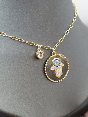 925 Sterling Silver Gold Hamsa sapphire CZ on Round Disc with RD Bezel Cz Necklace 18"