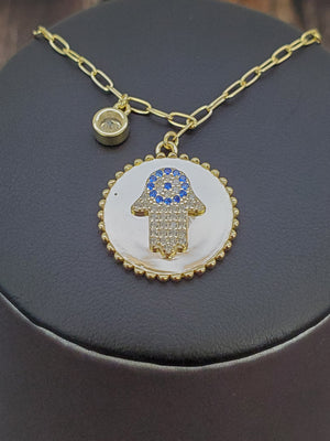 925 Sterling Silver Gold Hamsa sapphire CZ on Round Disc with RD Bezel Cz Necklace 18"