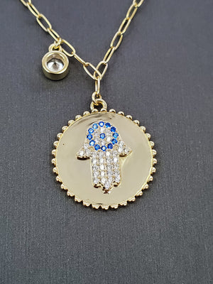 925 Sterling Silver Gold Hamsa sapphire CZ on Round Disc with RD Bezel Cz Necklace 18"