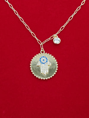 925 Sterling Silver Gold Hamsa sapphire CZ on Round Disc with RD Bezel Cz Necklace 18"