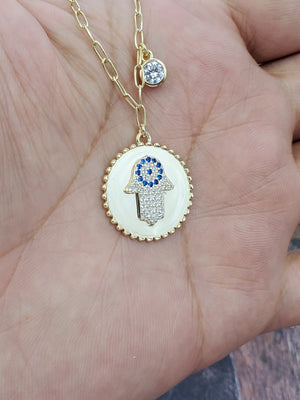 925 Sterling Silver Gold Hamsa sapphire CZ on Round Disc with RD Bezel Cz Necklace 18"