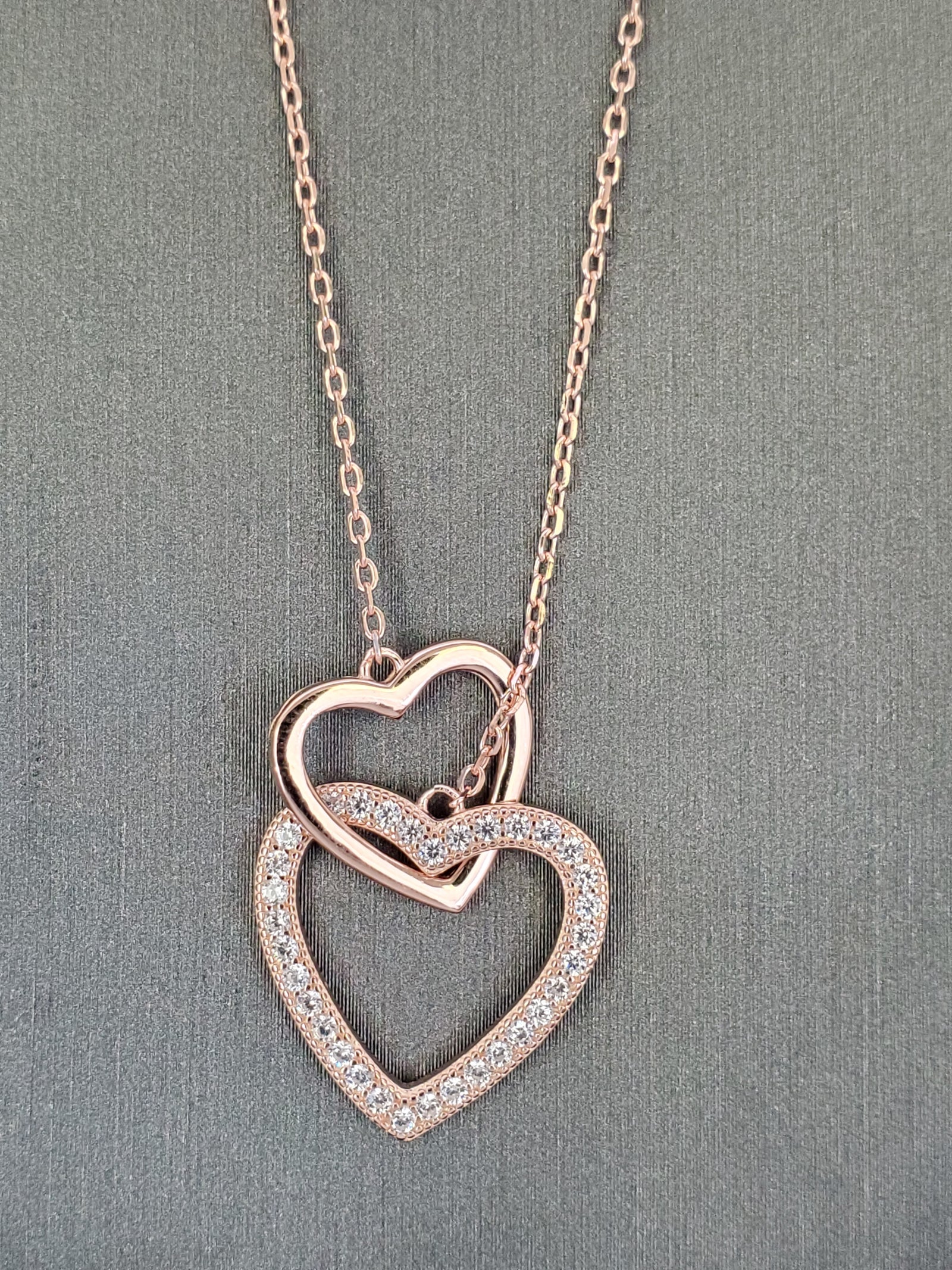 925 Sterling Silver Rose Gold Plated 2 Interlocking Hearts Cz Necklace 18"