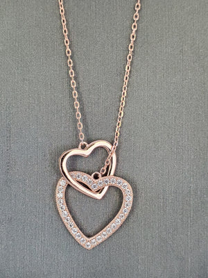 925 Sterling Silver Rose Gold Plated 2 Interlocking Hearts Cz Necklace 18"