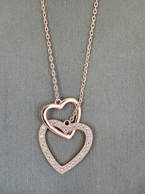 925 Sterling Silver Rose Gold Plated 2 Interlocking Hearts Cz Necklace 18"
