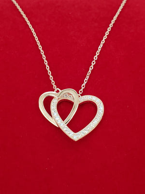 925 Sterling Silver Rose Gold Plated 2 Interlocking Hearts Cz Necklace 18"
