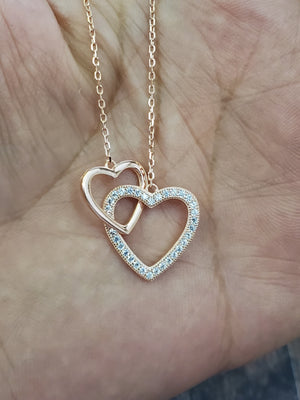 925 Sterling Silver Rose Gold Plated 2 Interlocking Hearts Cz Necklace 18"