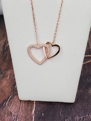 925 Sterling Silver Rose Gold Plated 2 Interlocking Hearts Cz Necklace 18"