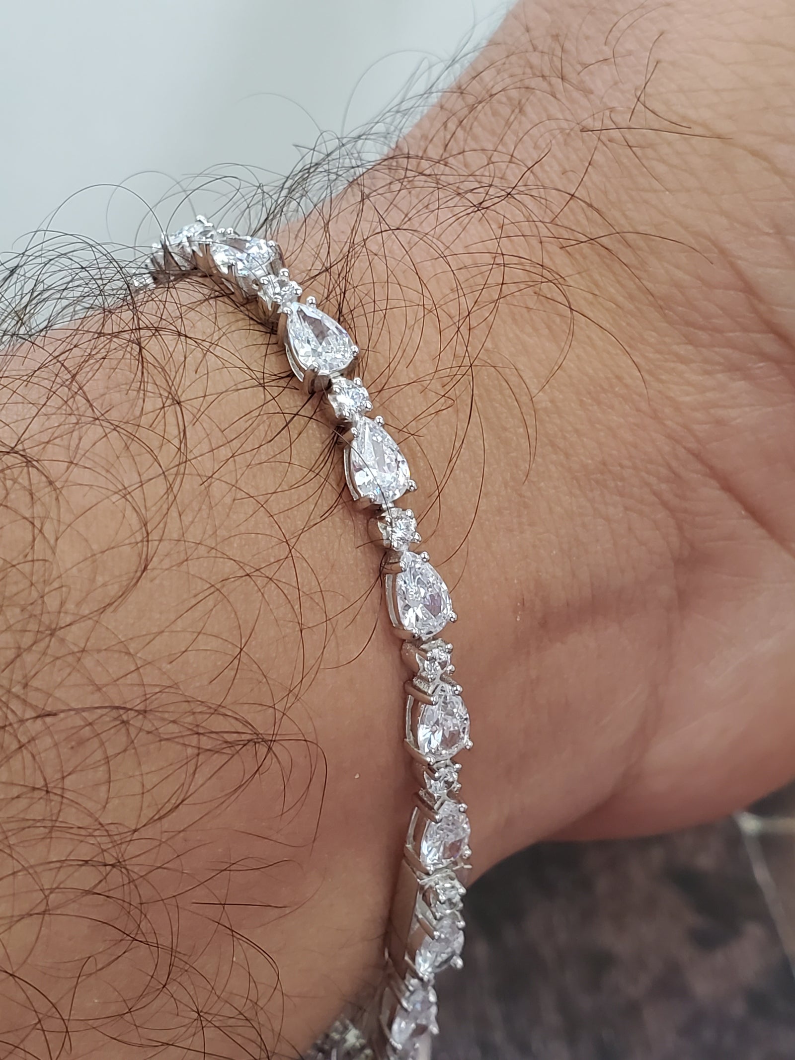 925 Sterling Silver 4x6mm Pear Clear CZ & Round Clear CZ Tennis Bracelet 7.5"