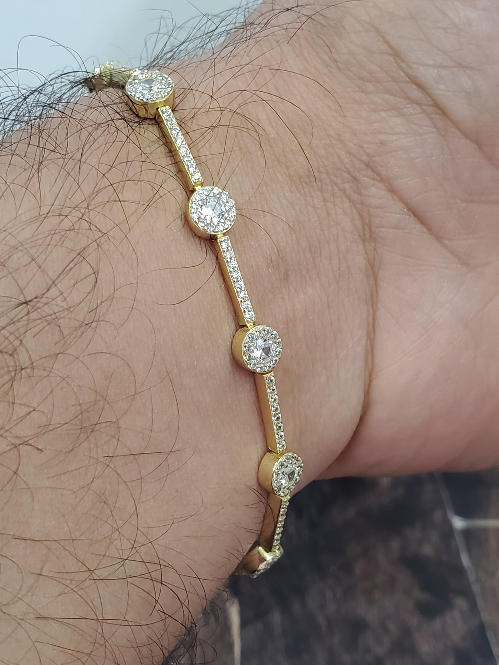 925 Sterling Silver Gold Plated Round 3mm Clear CZ Bar Link Bracelet